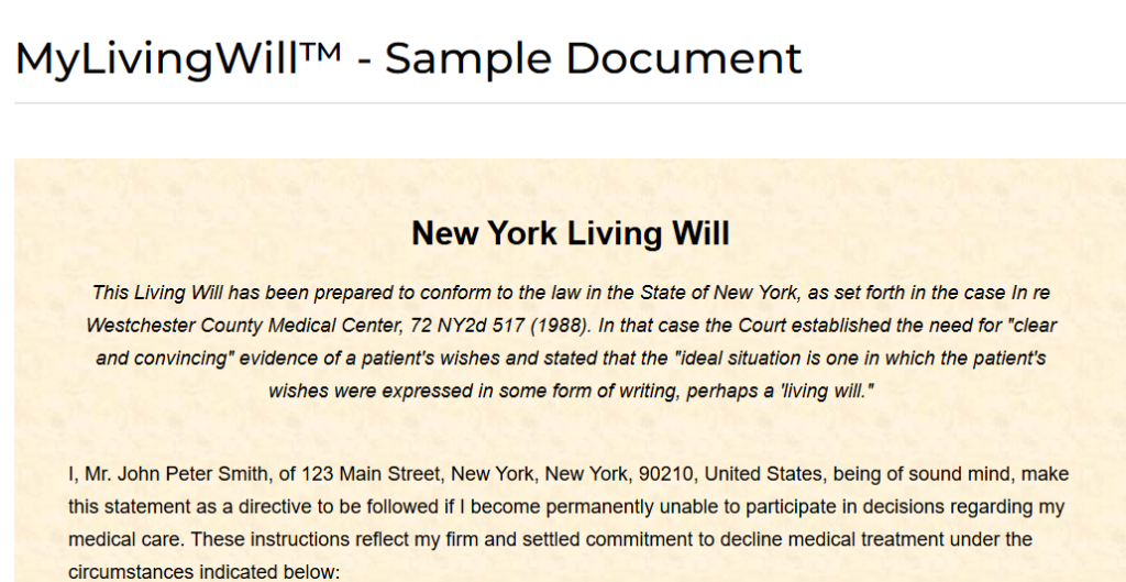 sample new york living will